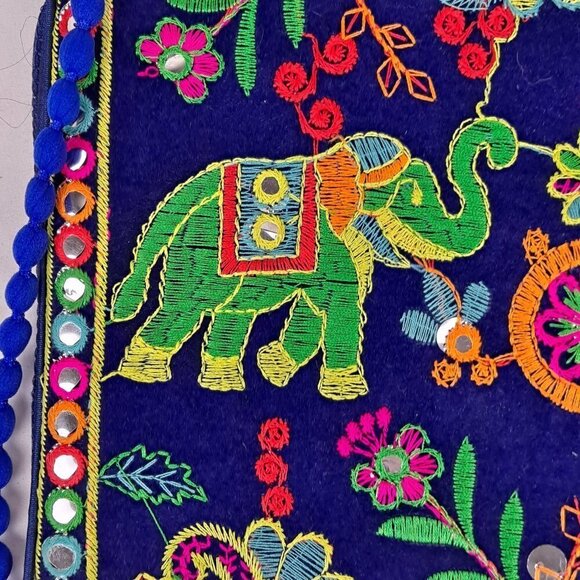 Navy Blue Clutch Bag Colorful Embroidery Elephants Floral Mirror Details NWOT - Picture 11 of 14